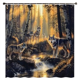 LMMRLM Wolf Shower Curtain Wild Animal Black Grey Pine Tree Birch Tree Misty Forest Safari Country Hunting Theme Oil Painting Decorative Curtain with Polyester Fabric