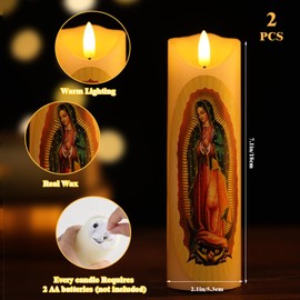 Baquler 2 Pcs Flameless LED Prayer Candle Real Wax Baptism Candle Set Devotion Religious Candles Religious Decoration Gift for Home and Office, Battery Operated with Remote Control (Lady of Guadalupe)