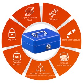 Jazooli Heavy Duty Metal Cash Money Coin Box Bank Deposit Steel Tin Security Safe Petty 2 Keys Lock Lockable Jewellery Passports Documents Security Case, Blue, 4"