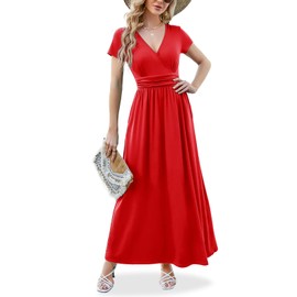 ANRILITA Maxi Dress for Women Wrap V Neck Short Sleeve Empire Pleated Waist Summer Casual Elegant Long Dresses with Pockets Red