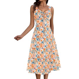 HomRain Women's 2025 Summer Floral Boho Dress Square Neck Strapped Vintage Sleeveless Cute A-Line Flowy Swing Midi Prom Dress Orange Blue Flower XL