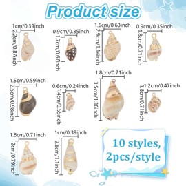 HOBBIESAY Pack of 20 Natural Shell Pendants, 10 Styles, Spiral Shell Pendants, Ocean Shell Dangling Pendants, Small Sea Beach Pendants, Copper Wire, Wrapped for Necklaces, Bracelets, Earrings