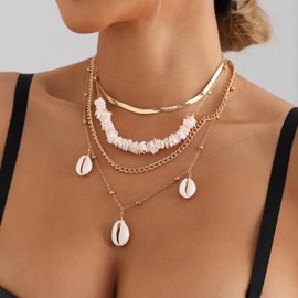 Shell Necklace Seashell Pearl Necklace Summer Puka Shell Charm Necklace Hawaiian Starfish Sea Shell Necklaces Layered Boho Choker Beach Necklace Jewelry Outfit Accessories for Women (Four Shell)