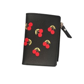 Aoaoss Small Wallet Women I Cherry Wallet I Women'sCute Embroidered Short Wallet I Women and Girls Daily Life Fashionable Versatile Pu Leather Zipper Wallet I Cherry Print Ladies Mini Purse (Black)