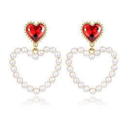 Smilebelle Pearl Heart Earrings for Women as Wedding Accessories, Elegant Gold Pearl Dangle Earrings Red Heart Earrings as Birthday Gift Pearl Jewelry Matching Party Outfit