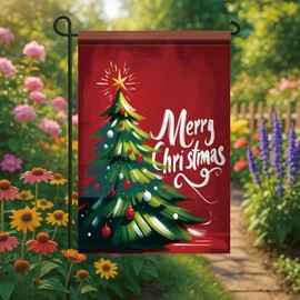 12 x 18 Inch Christmas Garden Flag Christmas Tree Yard Banner with Star and Ornaments Double Sided Outdoor Holiday Decoration Winter Seasonal Welcome Sign for Patio Lawn Home Party Decor