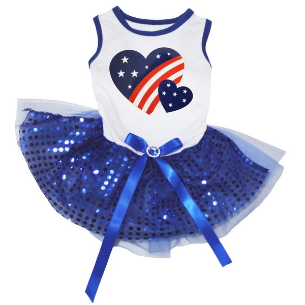 Petitebella USA Twins Heart Puppy Dog Dress (White/Blue Sequins, X-Small)
