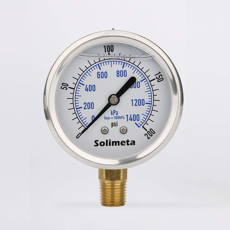 Solimeta 0-200psi Liquid Filled Pressure Gauge, 2.5" Bourdon Tube Pressure