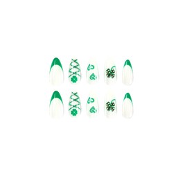 St. Patrick's Day Press on Nails Medium French Tip Almond Fake Nails Full Cover False Nails with Shamrocks Designs Glossy White Acrylic Nails with Rhinestones Artificial Nails for Women Girls