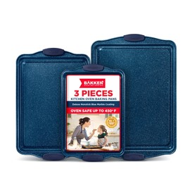 BAKKEN Kitchen Baking Pan Set - Nonstick Coating, Carbon Steel Bakeware Sets with Blue Silicone Handles, Baking Kitchen Essentials, PFOA, PFOS, PTFE Free, Oven Safe Tray (Up To 450° F), Set of 3