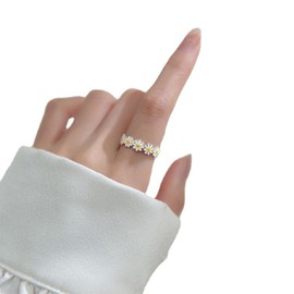 Dervivea Boho Daisy Flower Ring Silver Daisy Adjustable Open Ring White Enamel Flower Wrap Ring Tiny Sunflower Finger Ring Silver Open Statement Ring Jewelry for Women