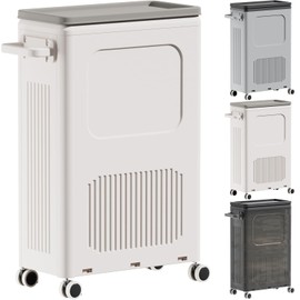 HAIXIN HOME Slim Laundry Hamper with Lid, Rolling Laundry Basket with Wheels, 50L Tall Laundry Basket Plastic Made for Free Standing and Long Use, Handle and Wheels Easy to Transport to Laundry Room