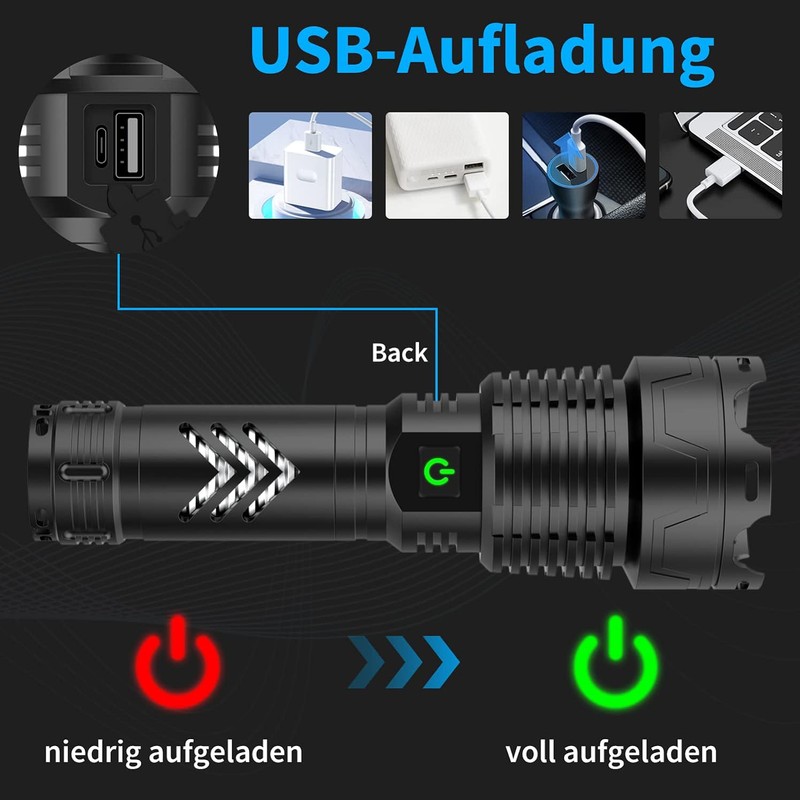 LED Flashlight USB Rechargeable Digital 120000lm High Luminous Flux Ultra