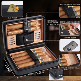 BZWBZ Travel Cigar Humidor Set,Torch Lighter with Cigar V Cutter, Hole Punch, Spanish Cedar Wood Humidor,Black Leather