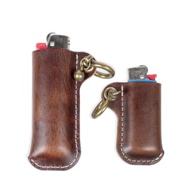 HUMWE - Funda de piel para encendedor BIC Mini/tamaño estándar, funda de piel auténtica con grilletes de herradura de metal para colgante de llavero (café oscuro, mini y estándar)