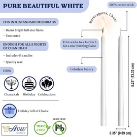 Aviv Judaica 5.25" Premium Dripless Hanukkah Candle Bundle of 45 Solid White Tapered Candles for Standard Chanukah Menorahs Birthday Party Celebration Candles for 8 Nights of Hanukah W/DIY Dreidel