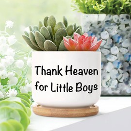 DecStic Thank Heaven for Little Boys Ceramic Planter Bible Verse Planters for Indoor Plants with Drainage Holes and Saucers Pot for Home Desktop Office Windowsill