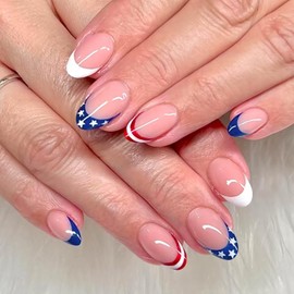 4th Of July French Tip Press On Nails Short Almond Fake Nails Independence Day False Nails Press Ons With Star Design Nude Stick On Nails Full Cover Glue On Nails For Women Nail Supplies 24pcs