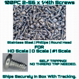 Evolved Rides Self Tapping 2-56 x 1/4th Screws 100PC Pack For HO & O & #1 Scale