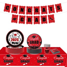 126PCS Graduation Party Decorations of Class 2025 - Including Disposable Paper Plates, Congratulation Banner, Tablecloth, Cups & Napkins for graduation party Supplies