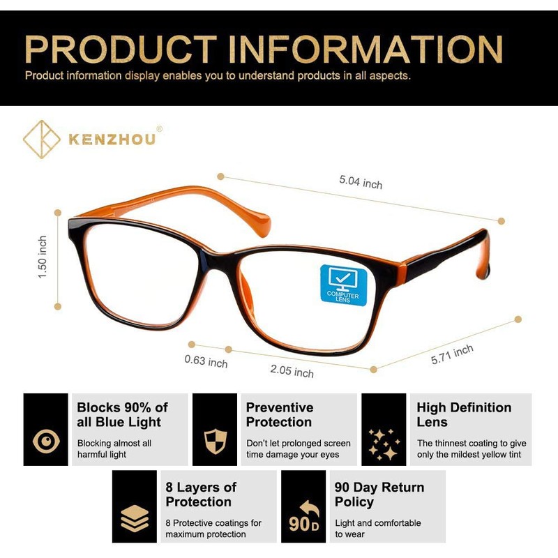 K KENZHOU Blue Light Blocking Computer Glasses Anti Eyestrain Unisex