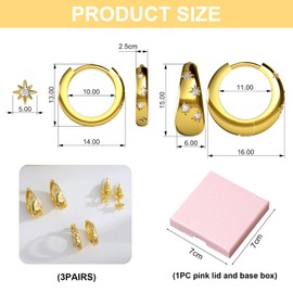Kabwea 3 Paar Ohrringe mit 14 Karat Sterndesign, Ohrringe Gold, Ohrstecker