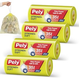 Pely Drawstring Bin Liners with Lemon Fragrance Value Pack (4 x 12 Pieces), Yellow, for Disposal of Residual Waste (35 Litres) with Pleasant Fragrance