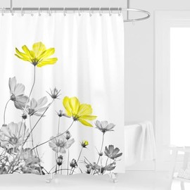 Extra Long Shower Curtain 72''W x 84''L Tall Yellow XL Gray Floral Daisy Elegant White Flower Grey Cute Wildflower Botanical Bathroom Curtains Accessories Polyester Fabric Waterproof 12 Pack Hooks