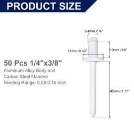 uxcell 50Pcs 1/4" x3/8" Aluminum Blind Rivets, Aluminum Grip and Steel Mandrel, Dome Head Long Split Rivets for Metal, Furniture, Automotive, White