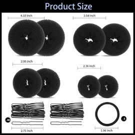 FANDAMEI Hair Bun Maker Set- 8 PCS Hair Donuts for Buns (2 Extra-large,2 Large,2 Medium and 2 Small), 40 PCS Bobby Pins, 5 PCS Hair Elastic Ties Black,Bun Maker - Black