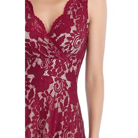 MISS MOLY Women Floral Lace Overlay Fit and Flare Dress V Neck Knee Length Elegant Wedding Party Dress Red M