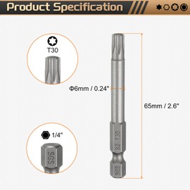 HARFINGTON 3pcs T30 Torx Head Screwdriver Bit 1/4" Hex Shank 2.6" (65mm) Long Magnetic No Hole Tip Tamper Proof 6 Point Star Screw Driver Drill Bits S2 Steel Industrial Power Screwdrivers