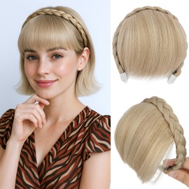 Benehair Headband with Bangs Synthetic Plaited Hair Headband with Natural Fringe Platinum Blonde Hair Piece for Women Girls(Platinum Blonde, 55g)