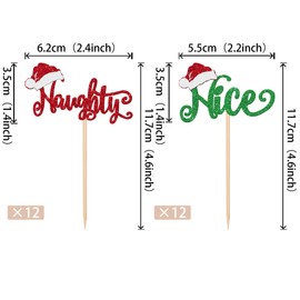 24 piezas de adornos para cupcakes traviesos o bonitos con purpurina, sombrero de Papá Noel, diseño de magdalenas, decoraciones para pasteles traviesos o agradables para feliz Navidad, Papá Noel, Año Nuevo, día festivo, suministros para fiesta de cumplea