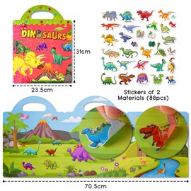 ASTARON Reusable Sticker Book for Toddlers, 88 Pcs Dinosaur Stickers Road Trip Activities Car Airplane Activities Travel Toys for Kids, Kids Quiet Time Activities (2-6 Age)