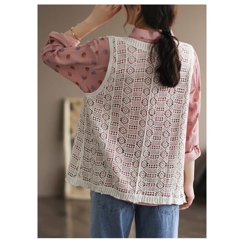 Qian qian Women's Vest, Lace Knitting, Hollow Knitting, V Neck