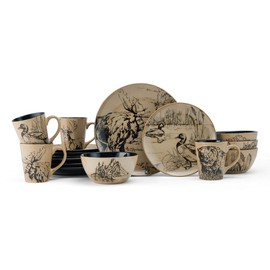 Mossy Oak Animal Print 16 Piece Dinnerware Set, Service for 4, Black and Beige