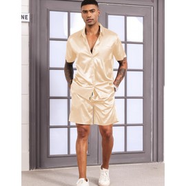 LecGee Mens 2 Piece Silk Satin Pajamas Tracksuit Lounge Sets Button Shirts & Shorts Pjs Sweatsuits Outfits(Champagne,XL)