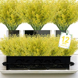XEOLIAN Artificial Plants, 12 Bundles Outdoor Fake Plants Spring Summer UV Resistant Faux Greenery Shrubs Indoor Outside Porch Garden Patio Window Box Decor (Yellow)