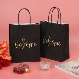 DjinnGlory 50 Pack Medium Black Welcome Paper Gift Bags with Handles and 50 White Tissue Paper for Wedding Hotel Guests Engagement Bridal Shower Birthday Party Favors (10''x8''x4'')