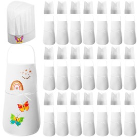 JaGely 60 Pcs Kids Chef Hat and Apron Set Chef Aprons and White Hats Non Woven Fabric Costume for Girls and Boys Cooking(Cute)