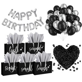 5 Senses Gift Bags Five Senses Birthday Party Decorations with Tissue Paper, Rose Petals and Happy Birthday Banner Balloons Five Senses Gift for Him Husband Boyfriend (Black Silver)