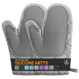 Silicone Oven Mitts, Heat Resistant 2PCS Oven Mitts with Soft Cotton Lining, Waterproof Non-Slip Grip Oven Glove, Kitchen Potholder Mits for BBQ, Baking, Cooking, 10.5Inch - Dark Grey