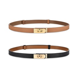 ANHAISHUILV Women's Skinny Leather Belt with Adjustable Golden Turn-Lock Buckle - Ideal for Dresses, Jeans, and Coats, Caramel Black