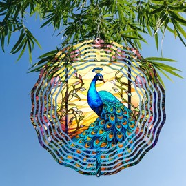Peacock at Sunset Wind Spinner Stainless Steel Hanging Wind Spinners Mandala Kinetic Art 10 Inch Garden Decoration for Patios, Lawns, and Balconies