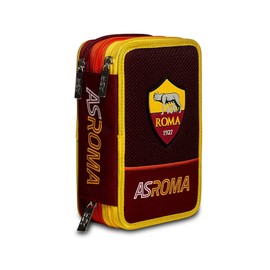 Seven S.P.A. A.S. Roma Calcio 3 Zip Case Yellow Red Complete with Pencils, Markers etc. School 3 Compartments, red, Astuccio