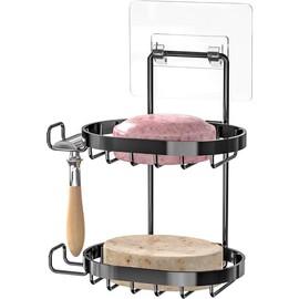 2 Tier Soap Dish Holder, Wall Mounted Soap Dish Tray with Drainage, Shampoo Bar Holder Caddy for Shower Wall, Bar Soap Container 304 Rustproof Stainless Steel, Bathroom(Black)