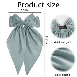 2Pcs Blue Gray Hair Bows Long Tail Satin Bow Hair Clips Large Silky Ribbon Bow for Hair Ponytail Holder with Metal Clip Coquette Hair Barrettes Accessories Gifts for Women Girls