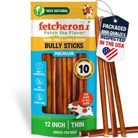 FETCHERONI Odor-Free Thin Bully Sticks (12 Inch, 10 Pack), 9 Ounce Bag, Fully Digestible 100% Beef Pizzle Chews, Grass-Fed, Non-GMO, Grain-Free, Natural Long-Lasting Chews for Small & Large Dogs