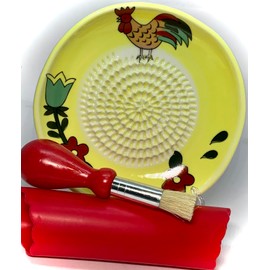 BonCera, All-in-one 4 pcs Set, Premium Ceramic Garlic Grater Set - Hand-Made, Rooster Design Grater Plate w/Garlic Peeler, Gathering Brush, Display Stand, It's also grating Turmeric, Ginger, and more,